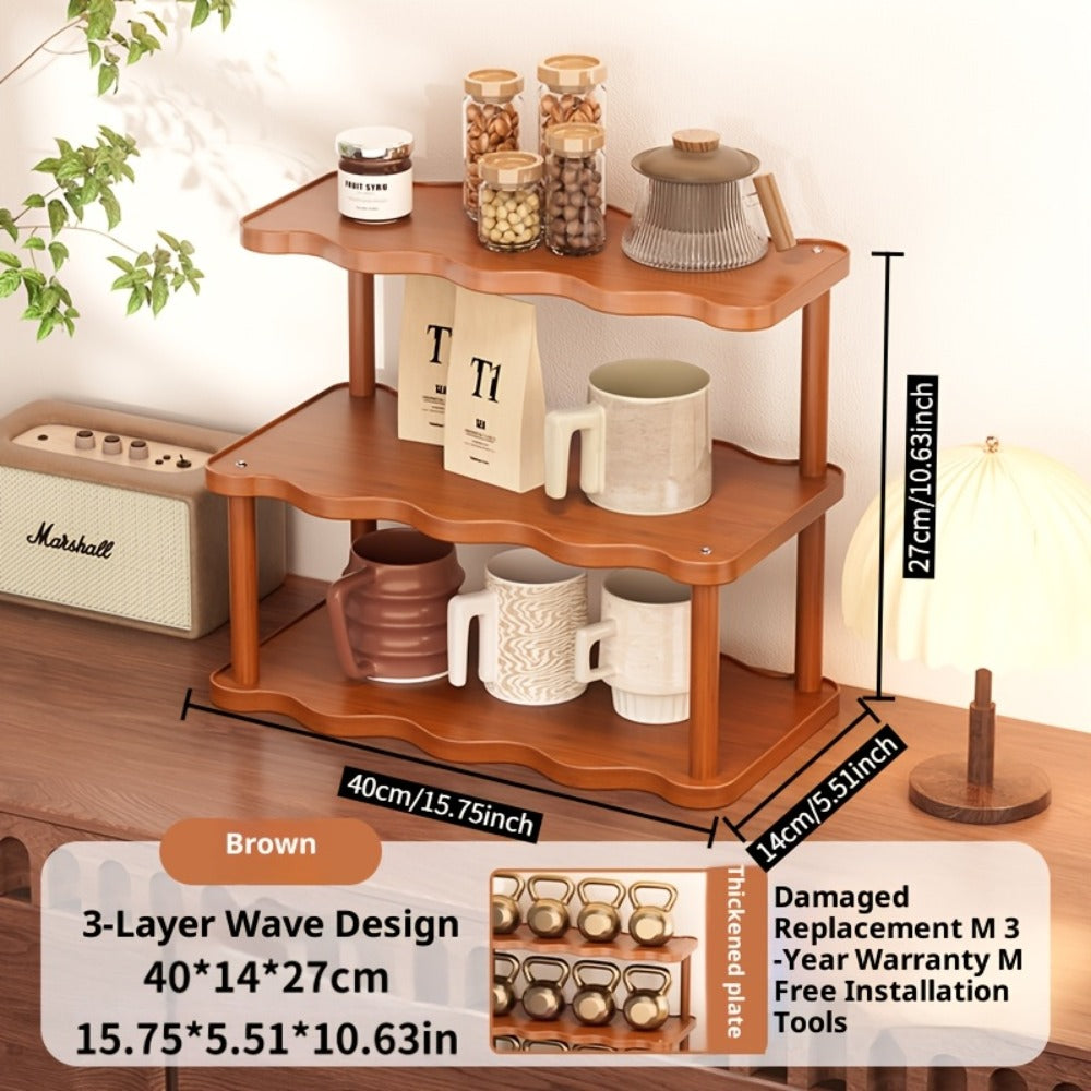 Cup Display Rack Kitchen Organizer 2 or 3 Tier Wave-Style Ladder Shelf in Six Brown Variant Options