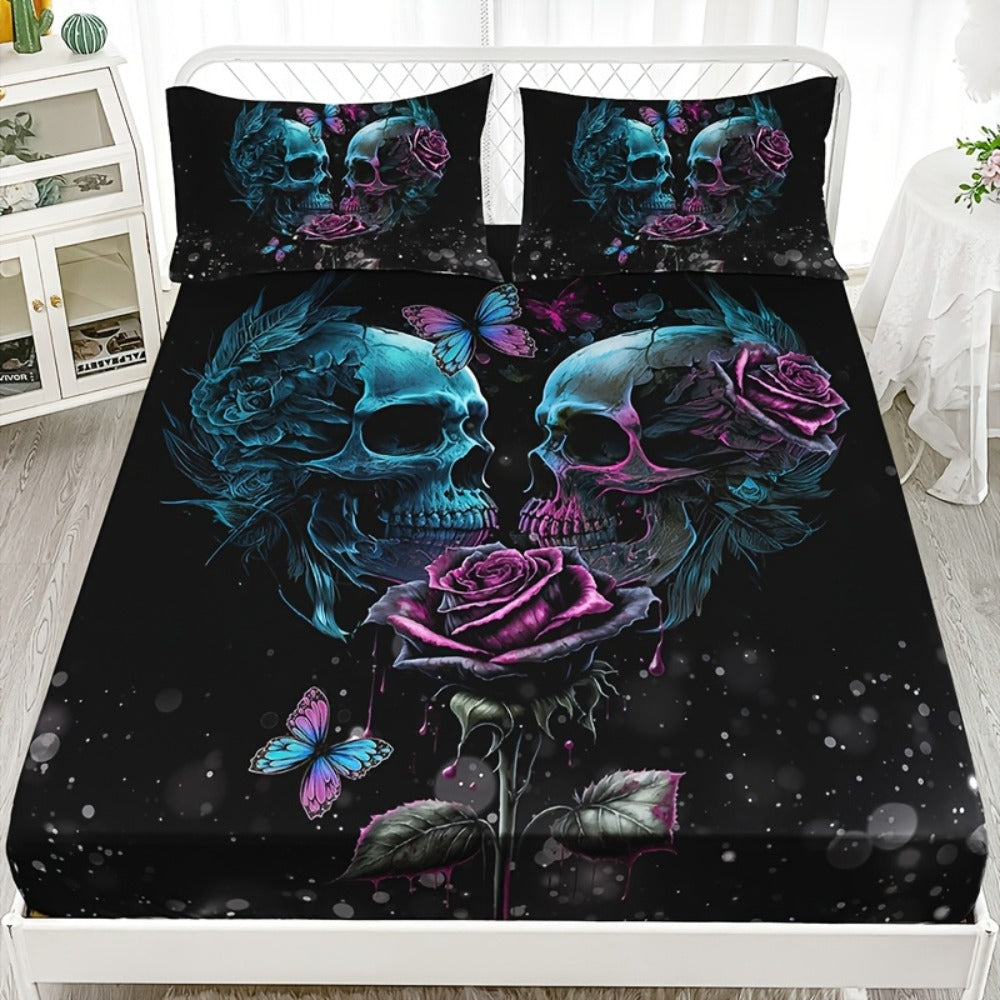 Gothic Skull Rose Fitted Sheet Set 3-Piece Halloween Bedding, HD Print Skull Flower Deep Pocket Fitted Sheet with 2 Pillowcases