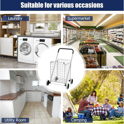 Rolling Shopping Cart Metal Basket, Foldable Grocery Utility Cart with Foam Handle Large Wheels 22 Gal for Supermarket Laundry Warehouse