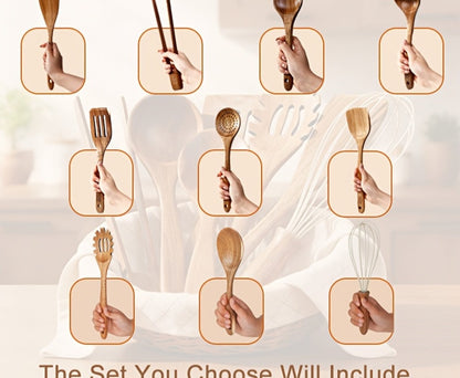 Kitchen Utensils by JIASING, 3-, 5- or 7-Piece Wood Spoon, Spatula, Ladle and Egg-Beater Set Options