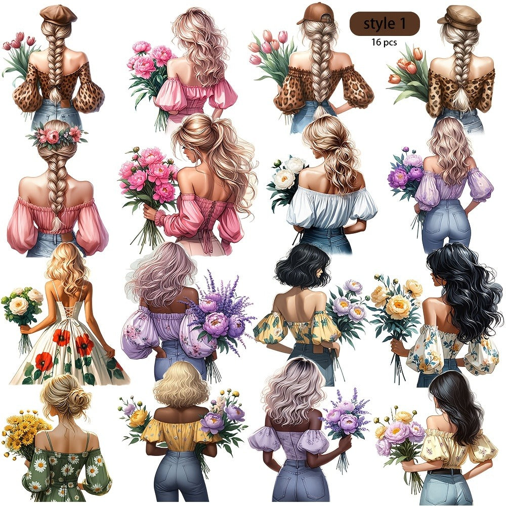 Aesthetic Floral Stickers for Journaling 16pcs – Floral Girl Artistic Cut-Out Scrapbook Sticker Sheets, 2 Styles