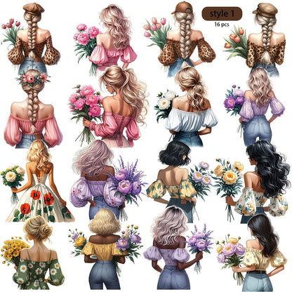 Aesthetic Floral Stickers for Journaling 16pcs – Floral Girl Artistic Cut-Out Scrapbook Sticker Sheets, 2 Styles