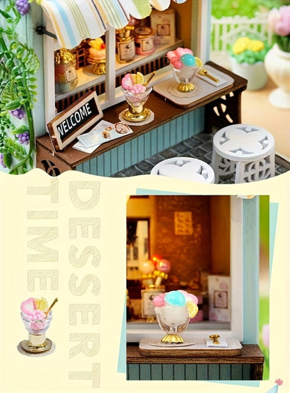 DIY Wooden Tiny House Kit with Dust Cover, Handmade Miniature Dollhouse Puzzle, 3 Themes Afternoon Tea Rotating Food House Moon Magic