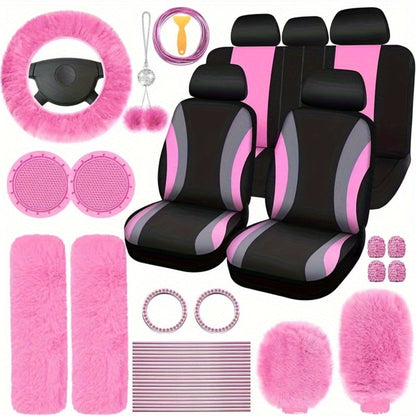 Car Interior Accessories Set for Women 45-Piece – Plush Steering Wheel Cover, Seat Cushion & Pendant, Universal Fit All Seasons