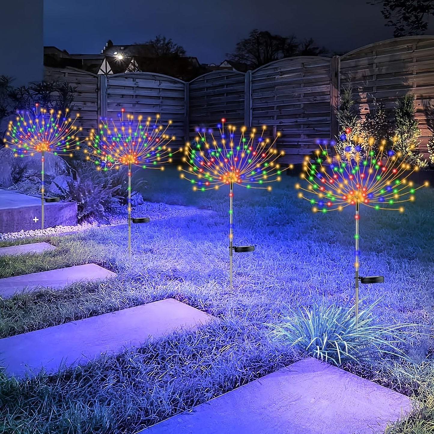 Solar Garden Lights 4-Pack Firework Stakes with 8 Modes in Warm White or Multicolor and Hanging Option
