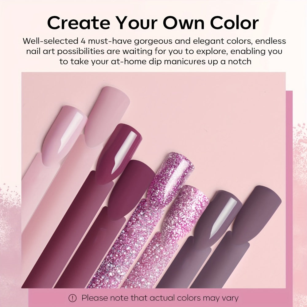 Dip Powder Nail Kit with NOCIS Label, Four Nude Pink Glitter Powders, Three 10ml Liquids and Four Tools