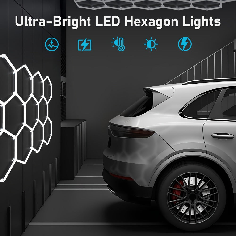 LED Hexagonal Garage Light 6500K, Super Bright Daylight White Shop Light 42W, 620W for Auto Detailing