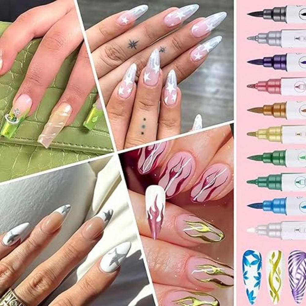Nail Art Pens Set 10 Metallic Colors with 12pcs Nail Stickers – Dual-Headed 3D Acrylic Polish Markers for Doodle Dot Line Stitching Graffiti
