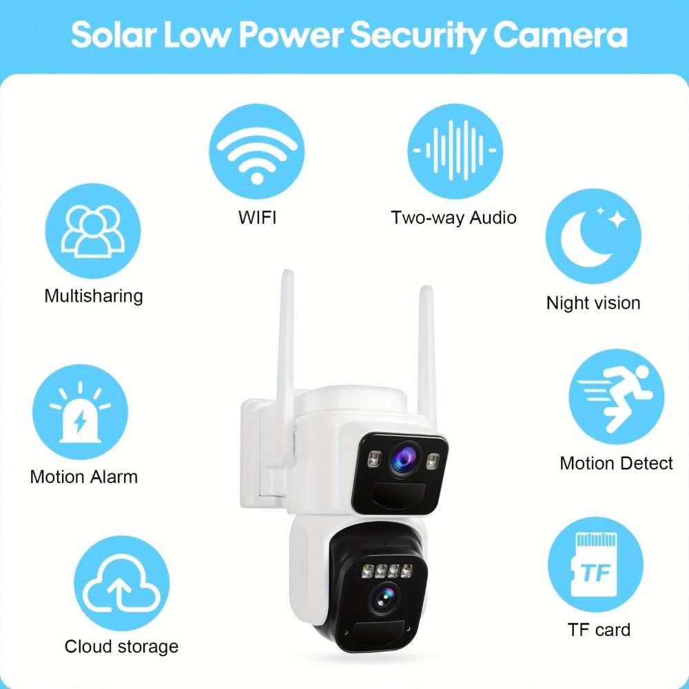 Security Camera Dual-Lens Solar Model with PIR Detection, Two-Way Audio, Spotlight Alarm and TF Card Options