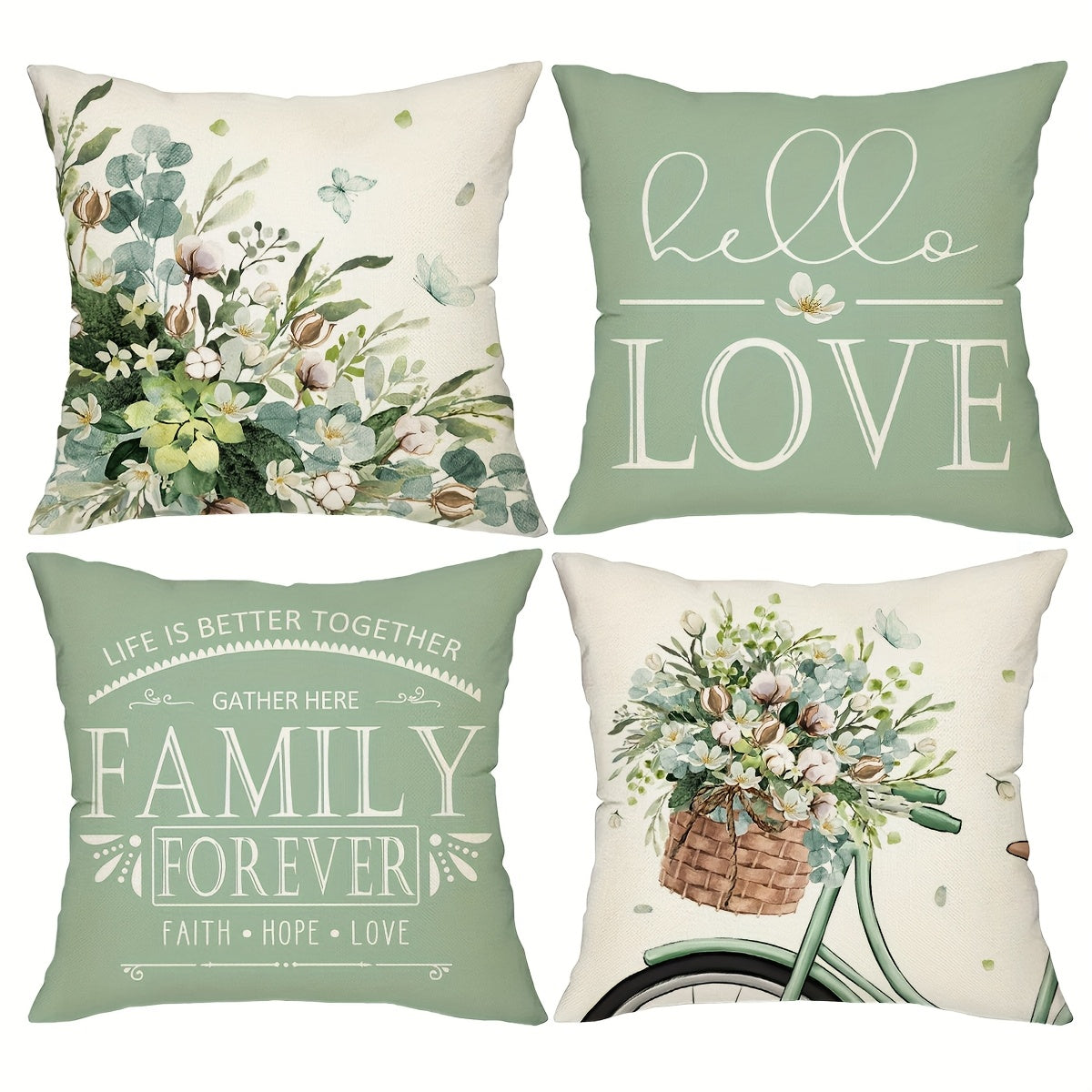Four-Piece Farmhouse Pillow Cover Set, 18 x 18 Inches with Eucalyptus, Bicycle and Typography Prints