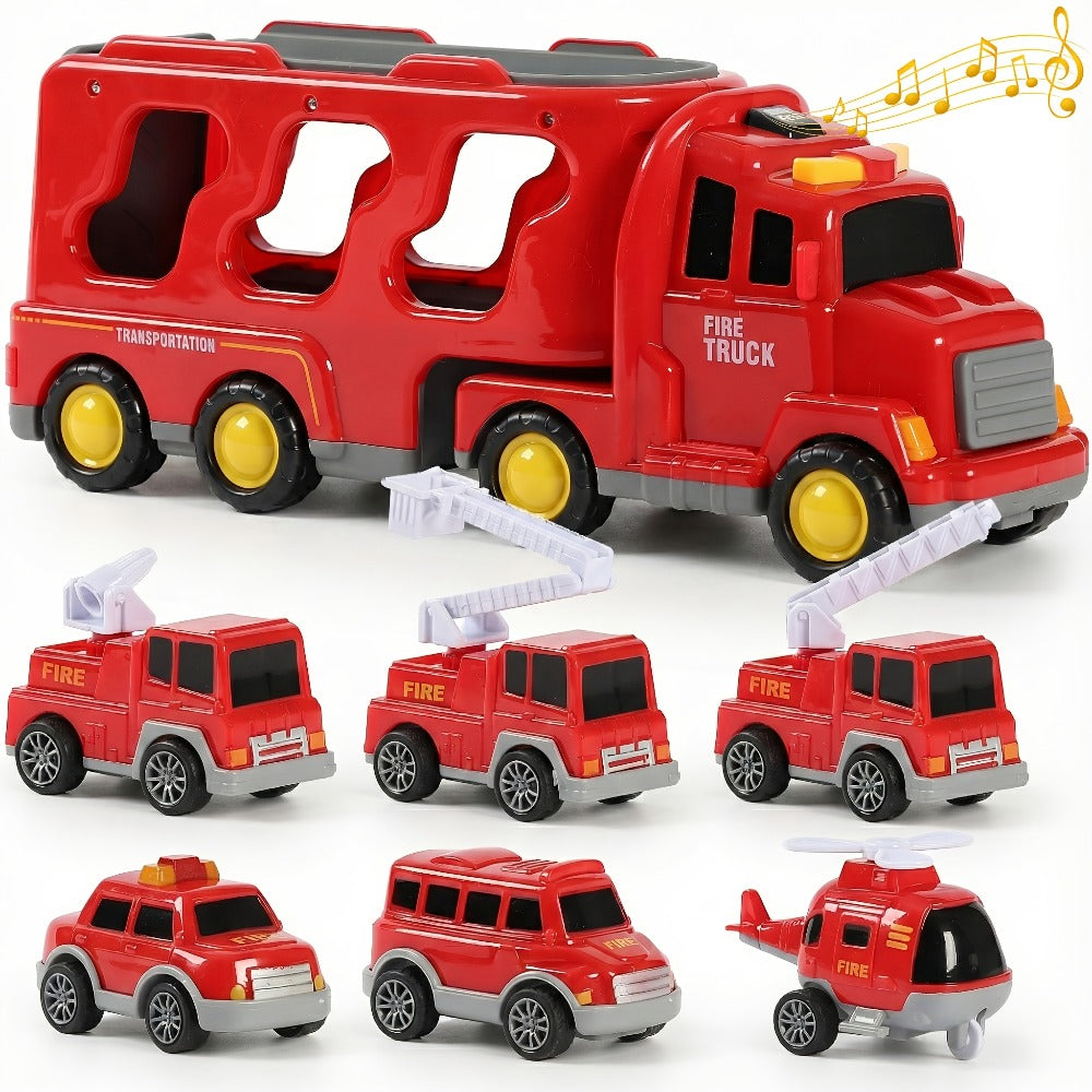 7-in-1 Kids Car Toy Set 7pcs with Playmat, Large Vehicle + 6 Mini Cars Ambulance Police Fire Truck Engineering