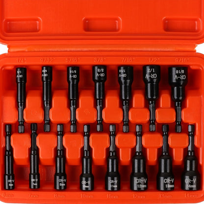 Magnetic Nut Driver Set 15-Piece 1/4" Hex Shank – SAE 1/4" to 9/16" & Metric 6-14mm Chrome Vanadium Steel Impact Nut Drivers