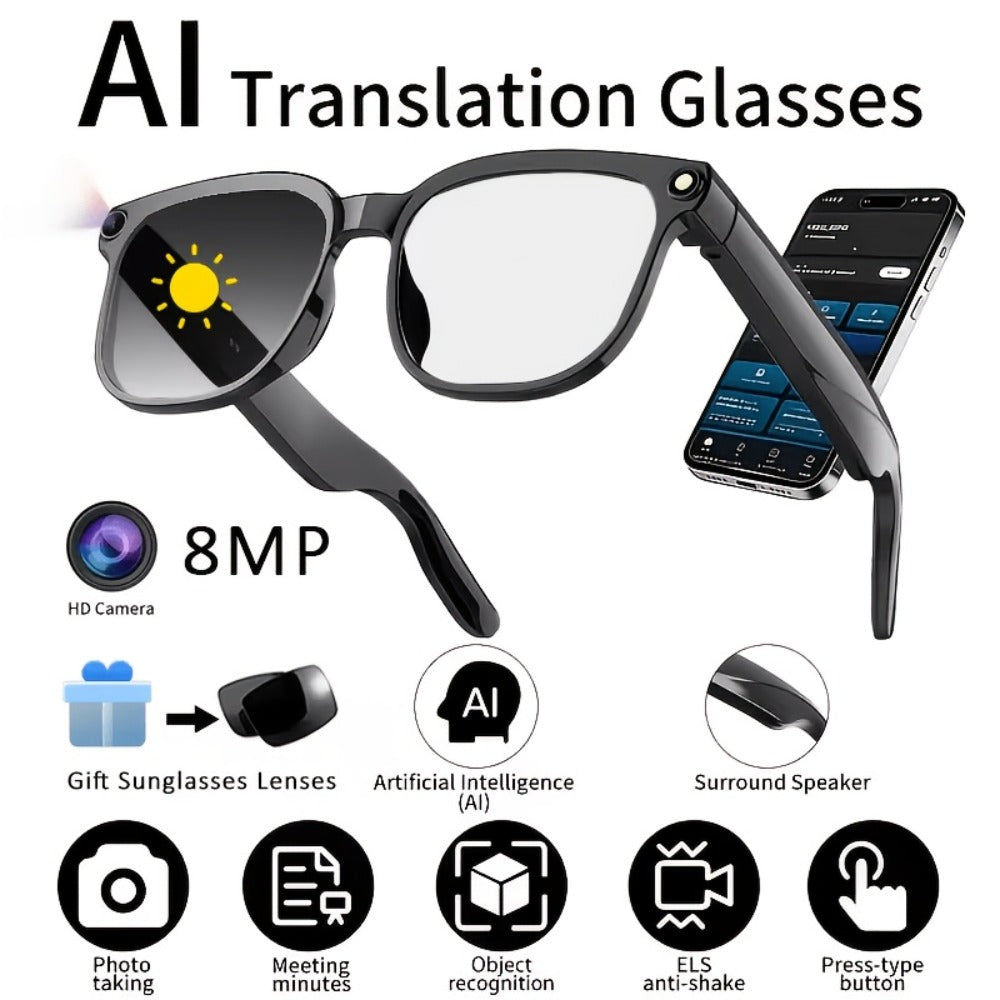 Smart Glasses Camera and Camera-Free Eyewear with Photochromic, Transparent and Black Lens Options