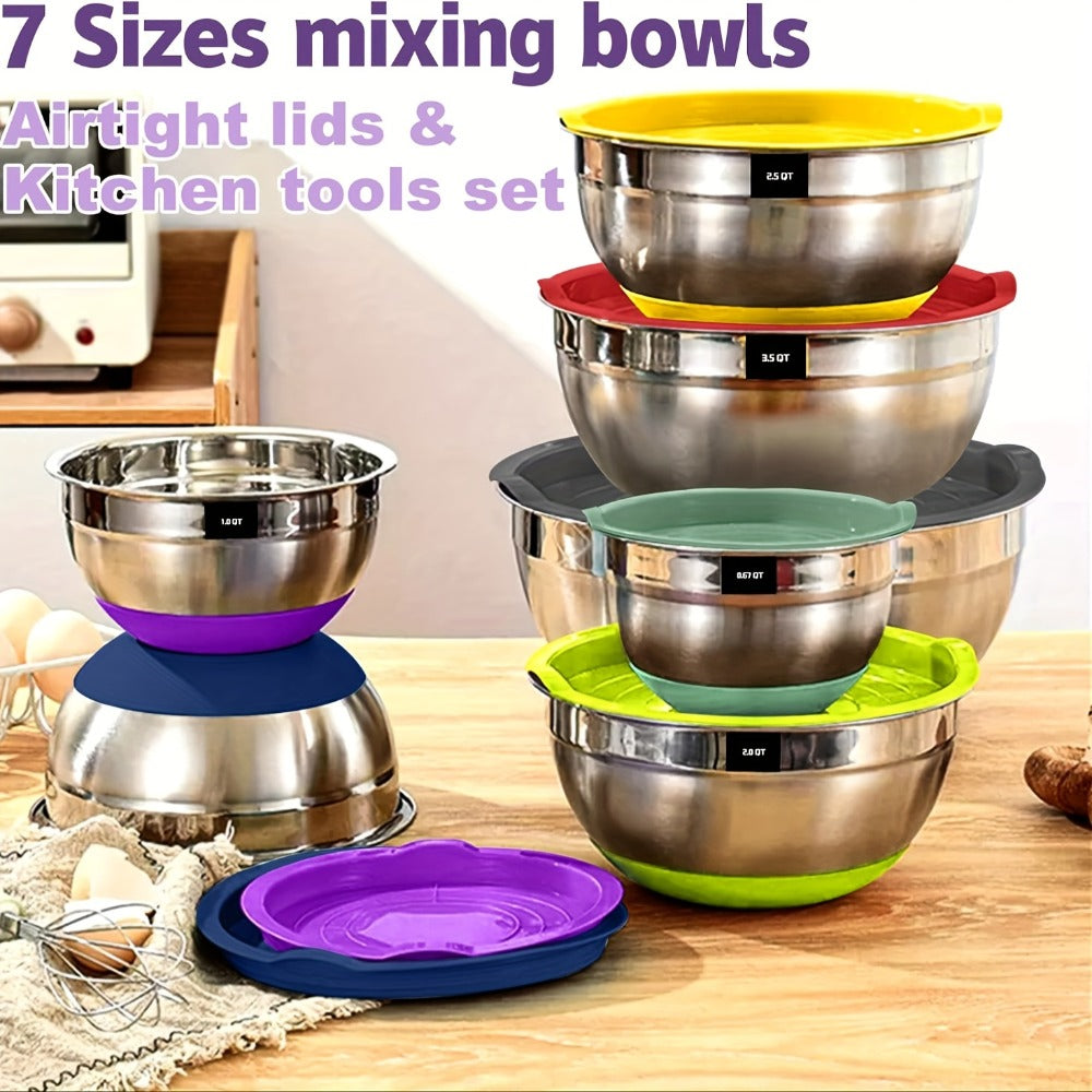 Seven-Bowl Nesting Mixing Set with Lids, Kitchen Tools and Multicolored, Black, Gray or Khaki Options