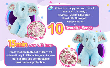 Plush Toy Blue Elephant with LED Glow and Optional Lullaby Music for Soft Room Display and Gifting