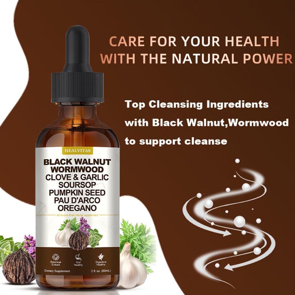 Black Walnut Wormwood Tincture 2 fl oz, Gut Health & Colon Cleanse Herbal Drops with Soursop, Oregano