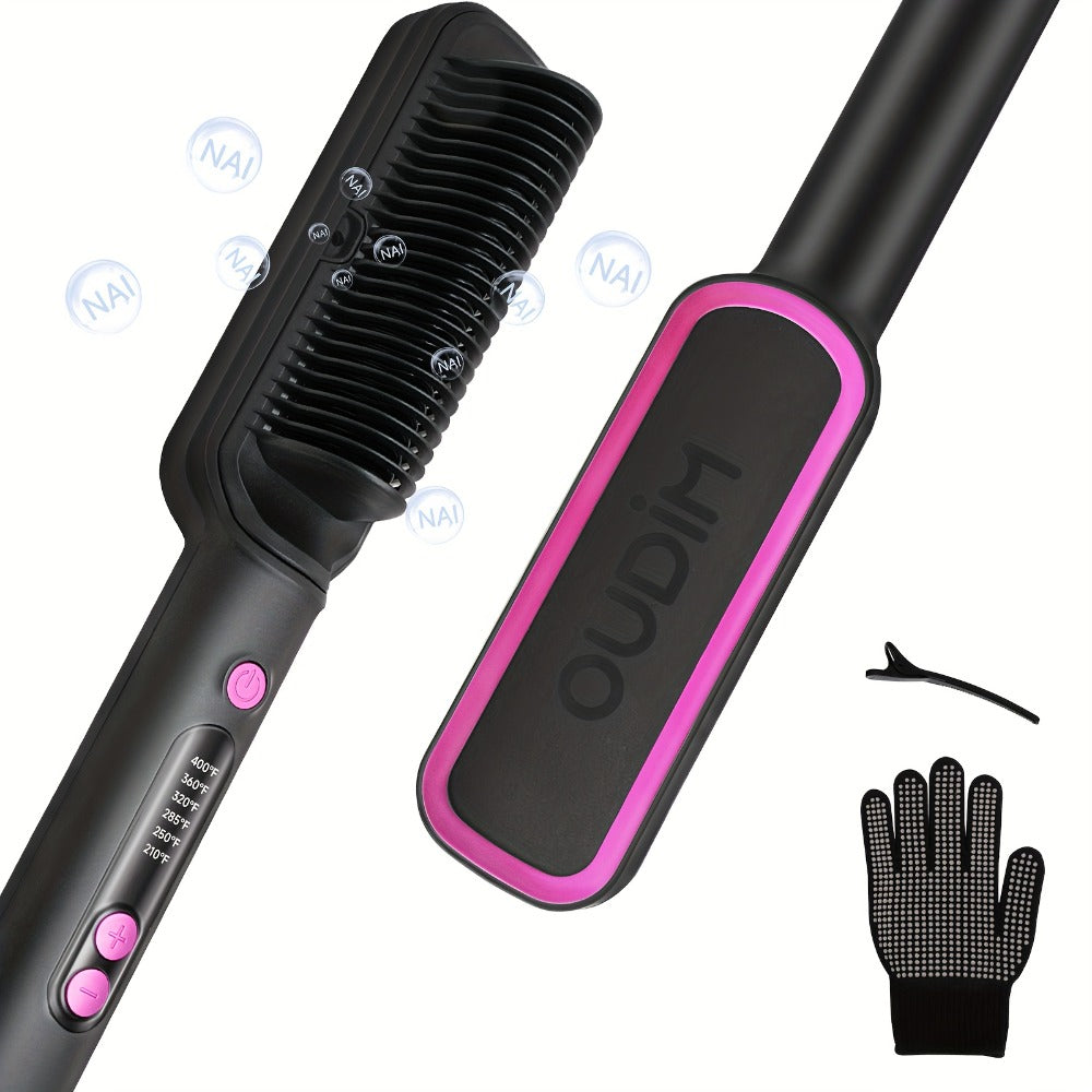 OD-6801 Black or OD-6806 Rose-Gold Heated Straightening Brush with Display, Glove and Three-Button Controls
