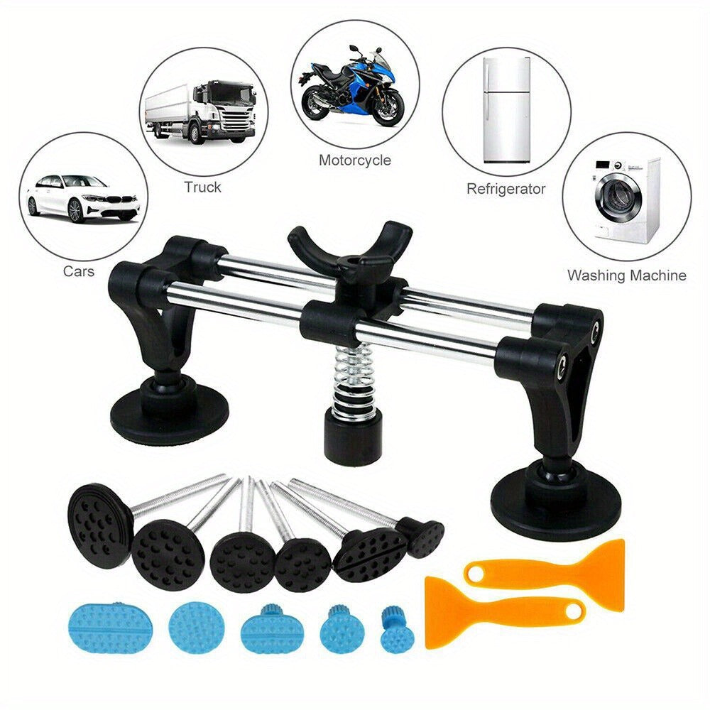 Thirteen-Piece Bridge-Style Dent Puller Set with Suction Feet, Puller Tabs and Two Scraper Tools
