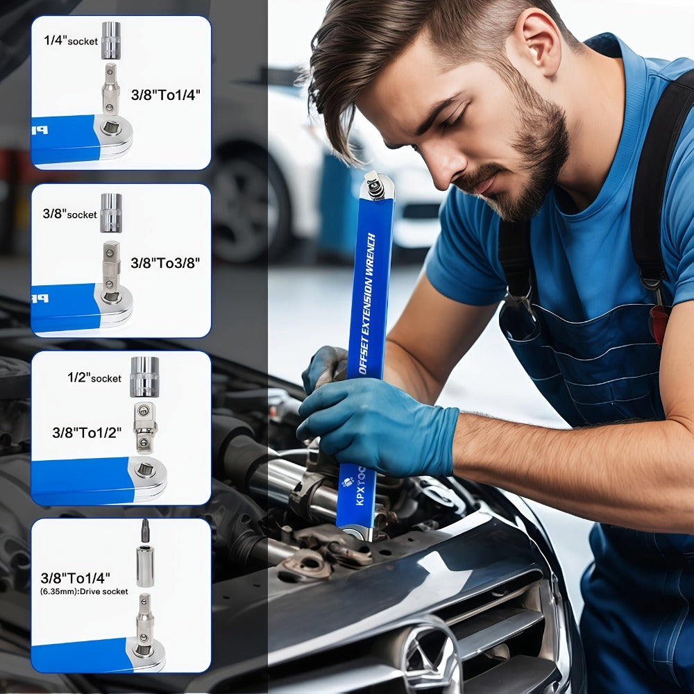 Offset Extension Ratchet Wrench Set with 1/4-, 3/8- and 1/2-Inch Adapters in Five Handle Colors