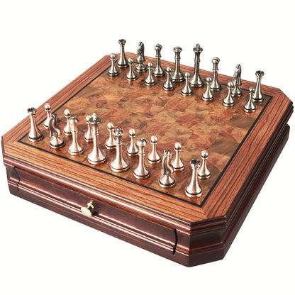Wooden Chess Set with Metal Pieces & Storage Drawers 12 Inch – 2.5" Kings 2 Extra Queens Vintage Mahogany Board for Adults Beginners