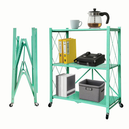 Three-to-Five-Tier Foldable Storage Rack with Carbon Steel Frame, Lockable Wheels and Three Colors