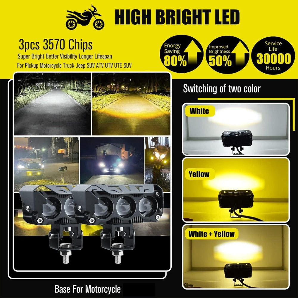 Motorcycle LED Lights 2 Pack with Switch – Dual Color White & Amber High Low Beam Auxiliary Driving Lights for Motorcycle Truck ATV UTV SUV