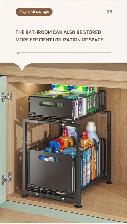 Under Sink Storage Organizer 2-Tier Metal Slide-Out Shelf for Kitchen or Bathroom Cabinet Use