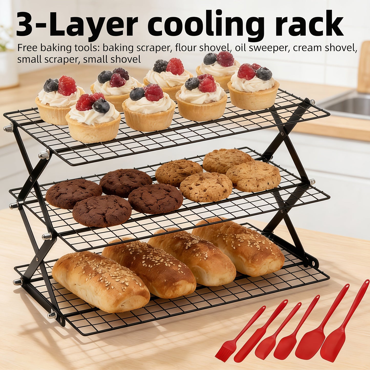 Foldable Cooling Rack Set, Stackable Oven Cookie Cake Drying Rack with Free Baking Tools (Silicone Spatula