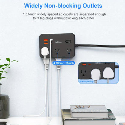 Surge Protector Power Strip 10-in-1 with 6 AC Outlets, 2 USB-A, 2 USB-C, Flat Plug and 5 ft Extension Cord
