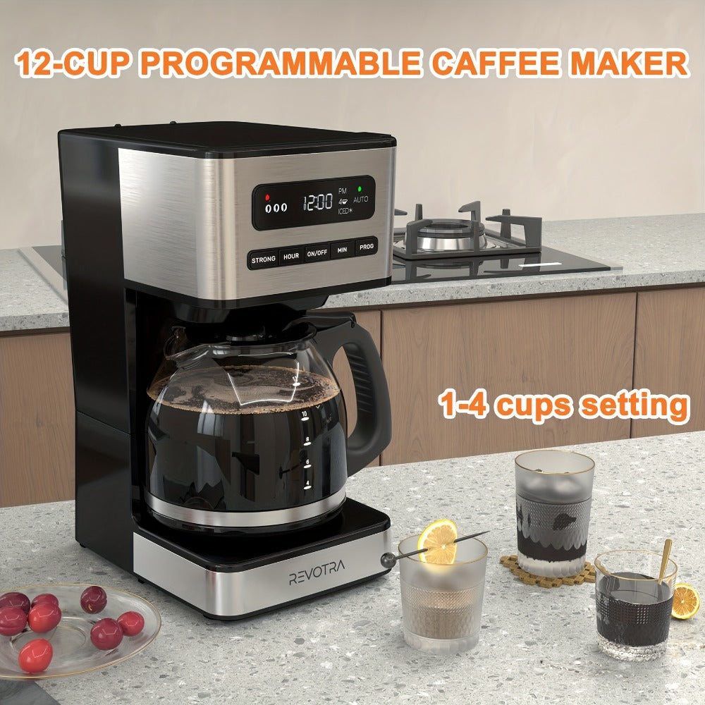 12-Cup Programmable Drip Coffee Maker, Regular & Strong Brew, Iced Coffee Setting, 1-4 Cup Mode, 24H Timer