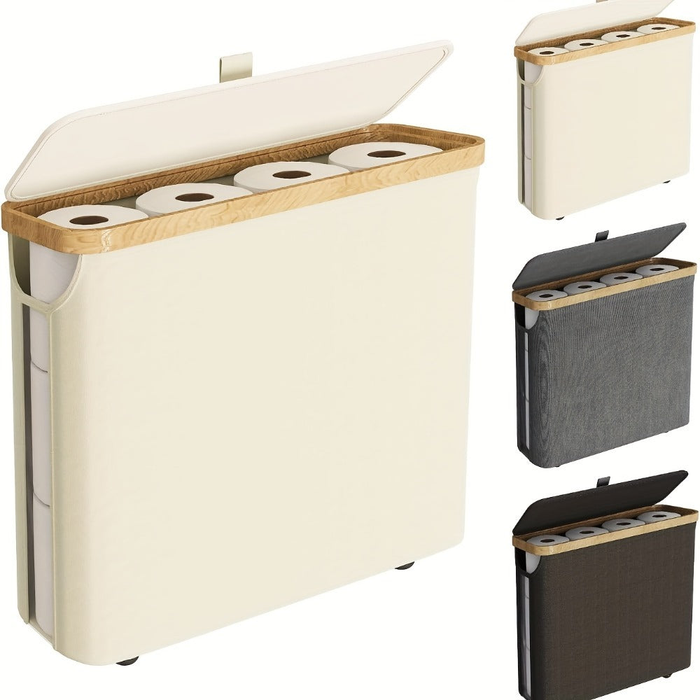 Lidded Toilet Paper Storage Basket with Bamboo-Style Rim in Five Color and Accessory Configurations