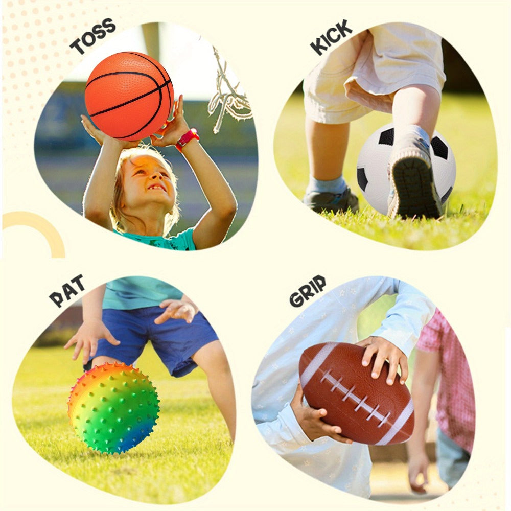 Kids Playground Ball Set 7-Pack with Air Pump, 10.6 Inch Outdoor Ball Plus 6-Inch Basketball Football Rugby