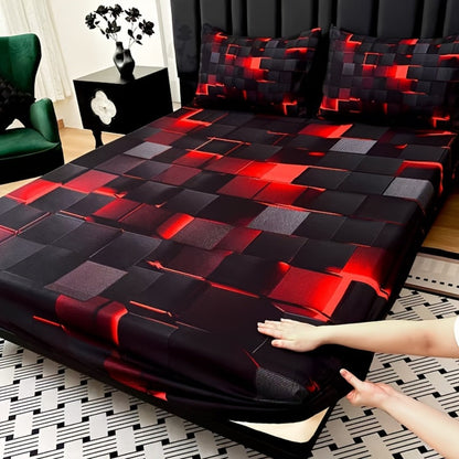 Fitted Sheet Set 3 Piece Digital Print Plaid – Deep Pocket 15 Inch Bed Sheet with 2 Pillowcases, 85% Polyester Soft Breathable Bedding Set