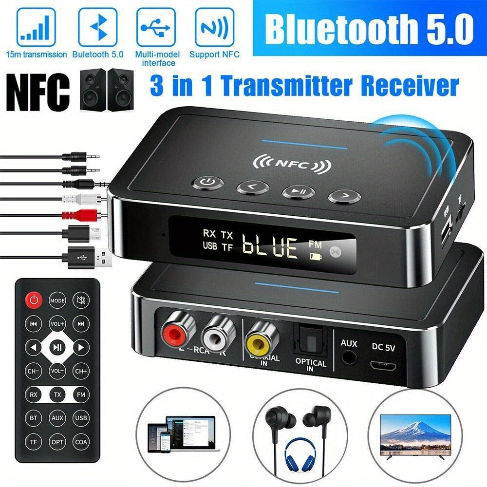 Bluetooth Transmitter Receiver 2-in-1 Wireless Audio Adapter with 3.5mm AUX NFC Input to Dual RCA Output