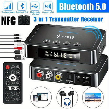 Bluetooth Transmitter Receiver 2-in-1 Wireless Audio Adapter with 3.5mm AUX NFC Input to Dual RCA Output