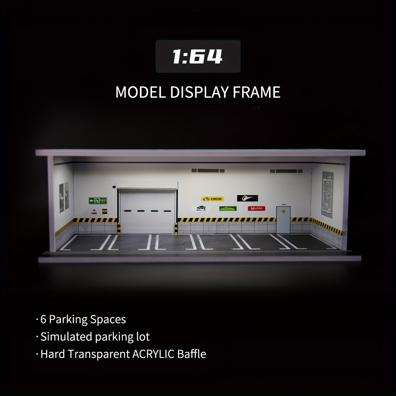 1:64 Diecast Car Display Case with LED Lighted Garage Diorama, Expandable Showcase for 6 Model Cars