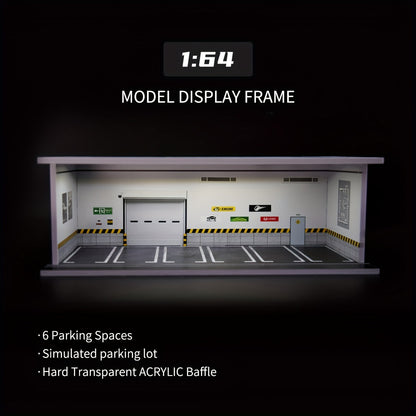 1:64 Diecast Car Display Case with LED Lighted Garage Diorama, Expandable Showcase for 6 Model Cars