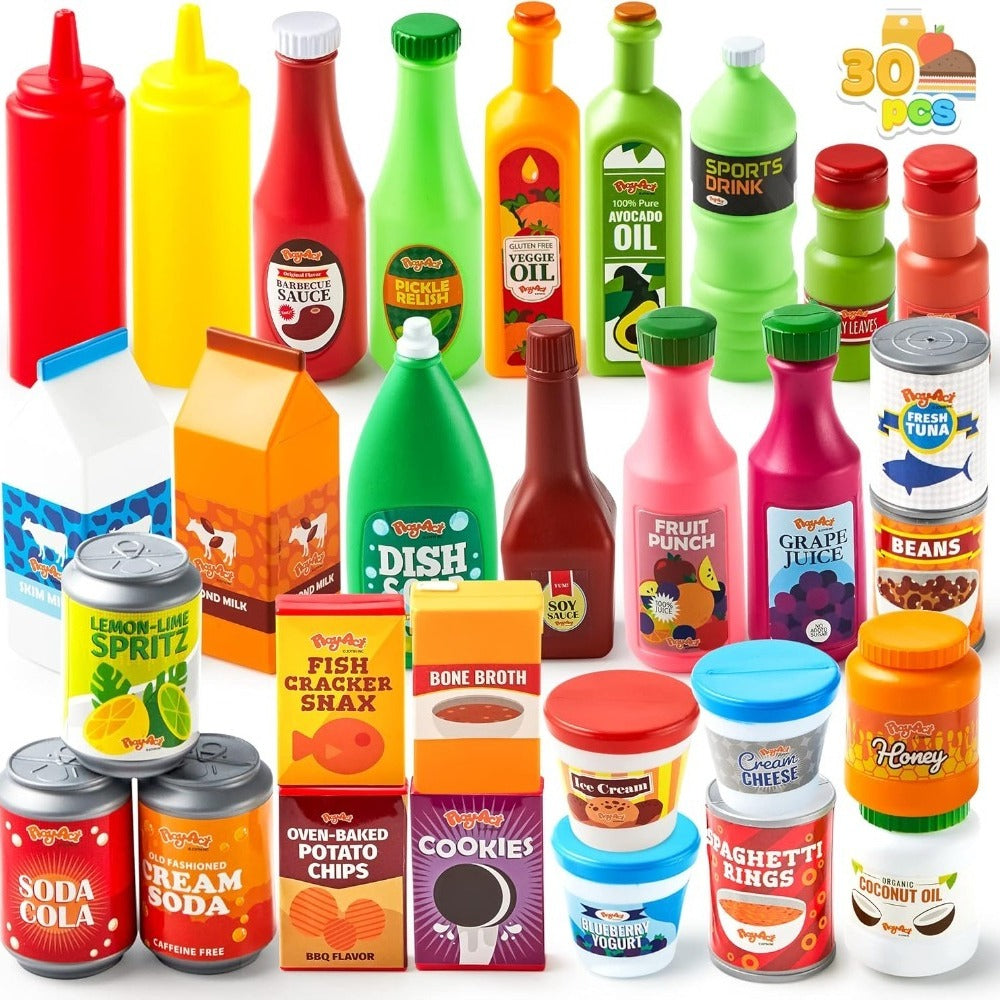 30 Pcs Play Food Grocery Cans Set - Pretend Kitchen Toy with Drinks, Juice, Snacks & Yogurt, Safe