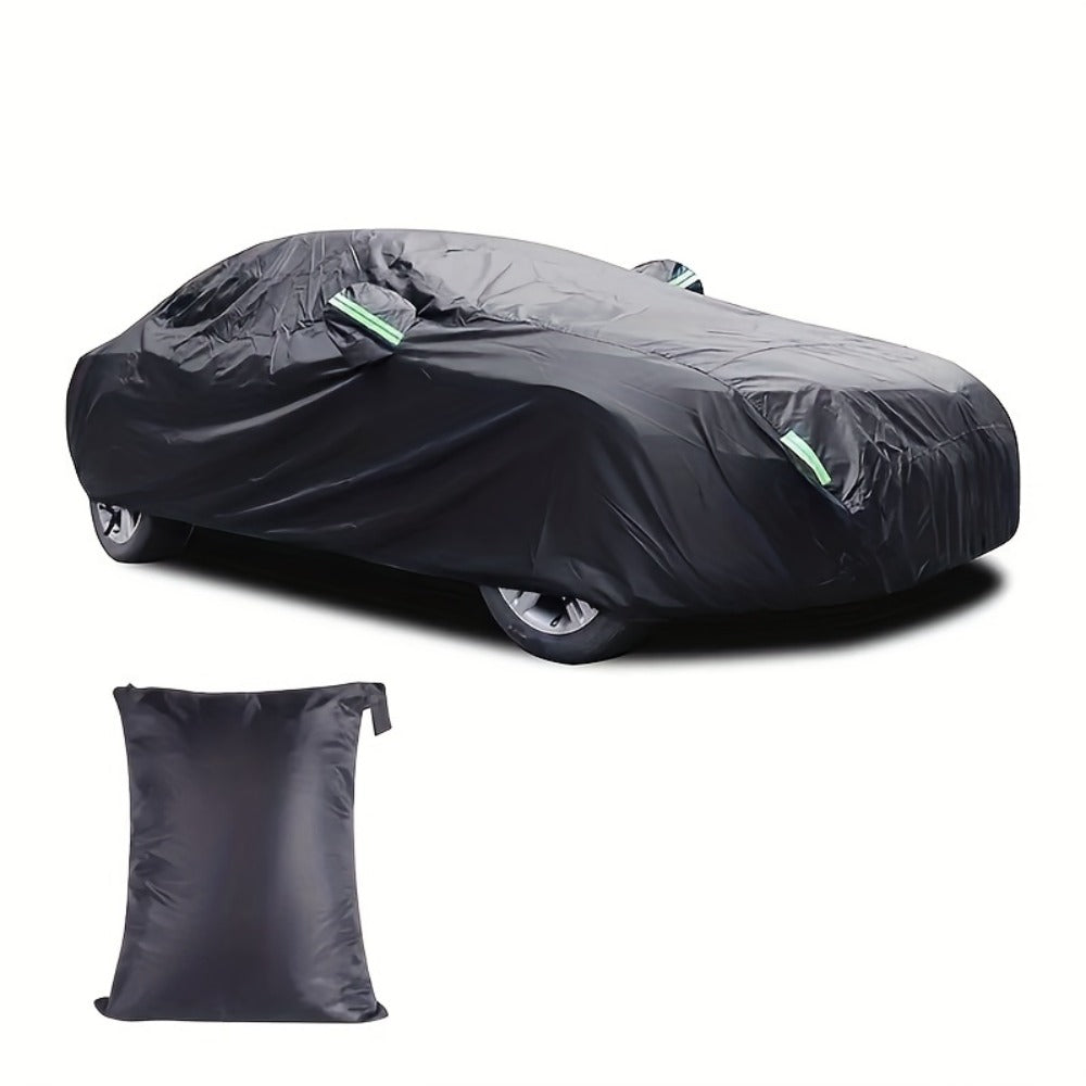 Black Full Car Cover in 190T Silver-Coated Cloth with Green Reflective Strips, Storage Bag and Six Sedan or SUV Sizes