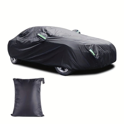 Black Full Car Cover in 190T Silver-Coated Cloth with Green Reflective Strips, Storage Bag and Six Sedan or SUV Sizes