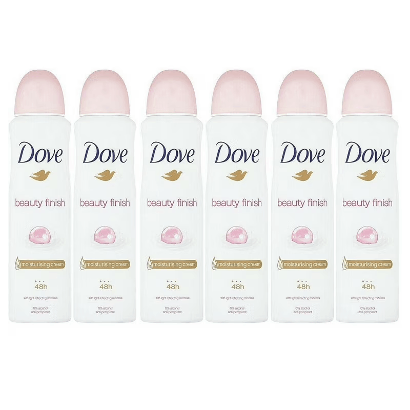 Dove Beauty Finish Antiperspirant Body Spray, Six 5 fl oz Cans with Pink-Cap Can Presentation