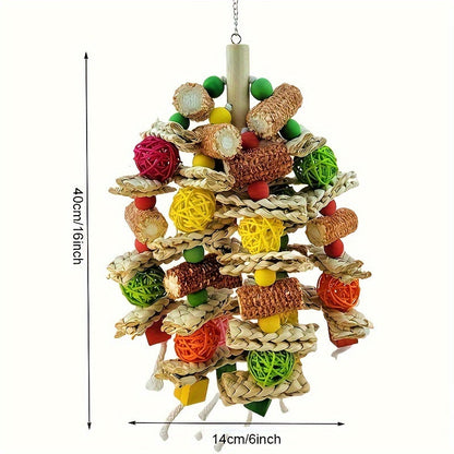 Colorful 16-Inch Corn Cob and Woven Rattan Hanging Bird Toy with Metal Hook for Medium and Large Parrots