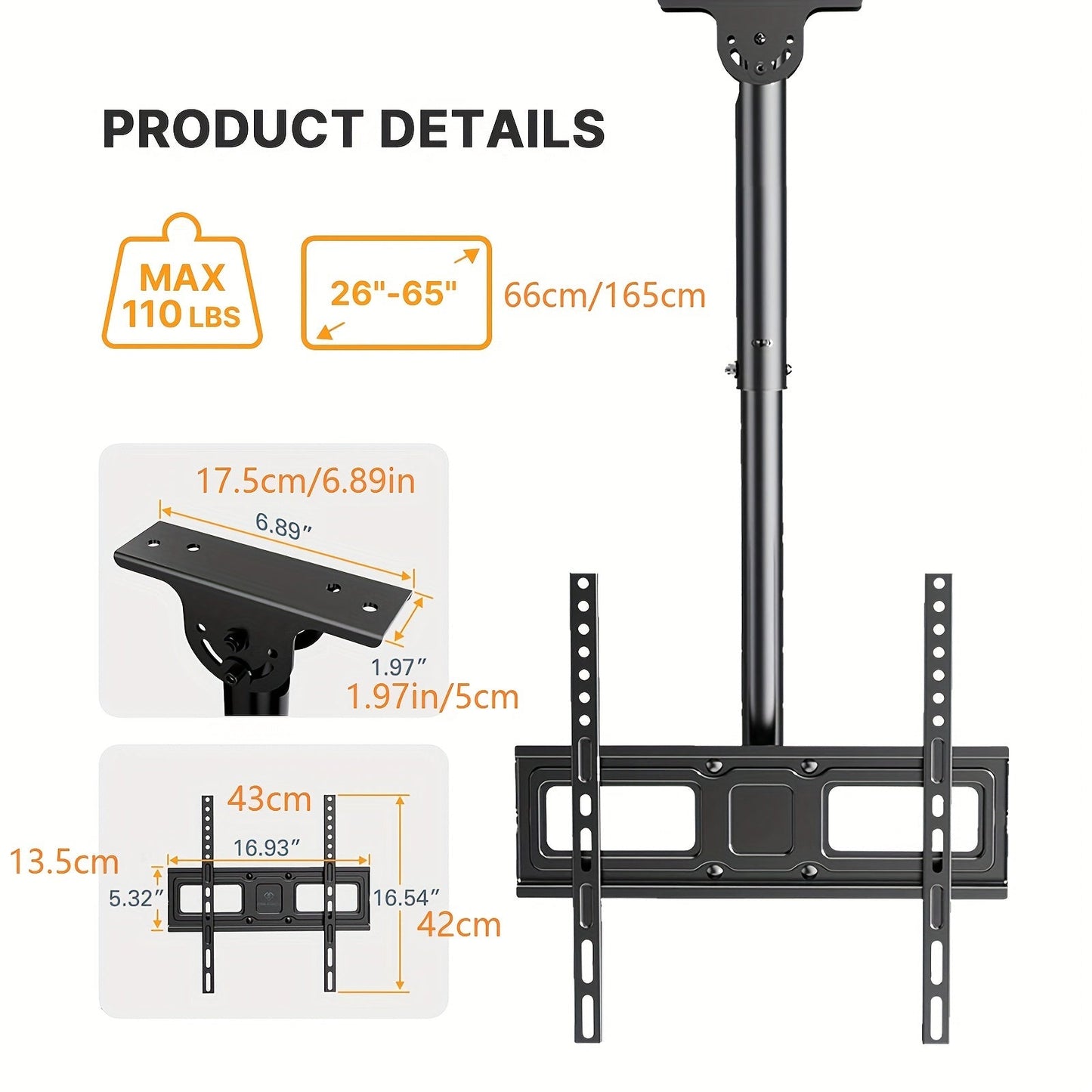 Ceiling TV Mount 37-75 Inch - 360° Swivel & Tilt Adjustable Bracket for Flat & Curved TVs up to, VESA 600x400mm