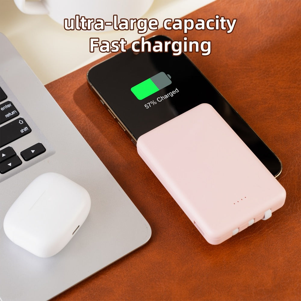 Power Bank Slim 5000mAh or 10000mAh with Built-In USB-C Cable, Four-Device Layout and LED Display