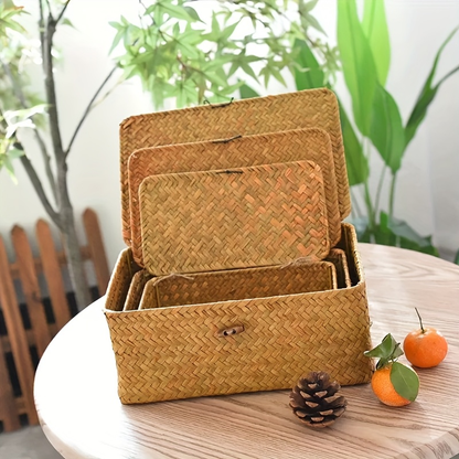 Rattan Storage Baskets Set of 3 with Lattice Lids and Label Holders in Graduated Sizes for Home Organization