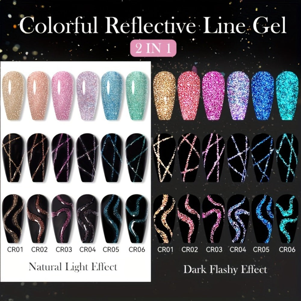 Reflective Liner Nail Art Gel Six-Bottle Set with 5ml CR01 to CR06 Colors and Slim Brushes for Detail Lines