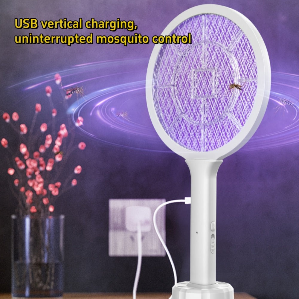 Electric Mosquito Swatter Racket Bug Zapper with LED Night Light & USB Charging, Handheld Insect with Base Stand