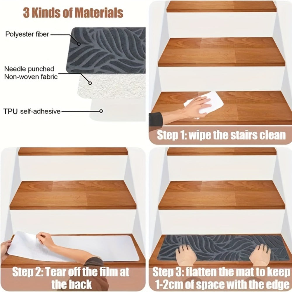 Stair Treads 15pcs 8"x30" Self-Adhesive Carpet Pads for Wooden Steps, Polyester Indoor Stair Mats for Safety