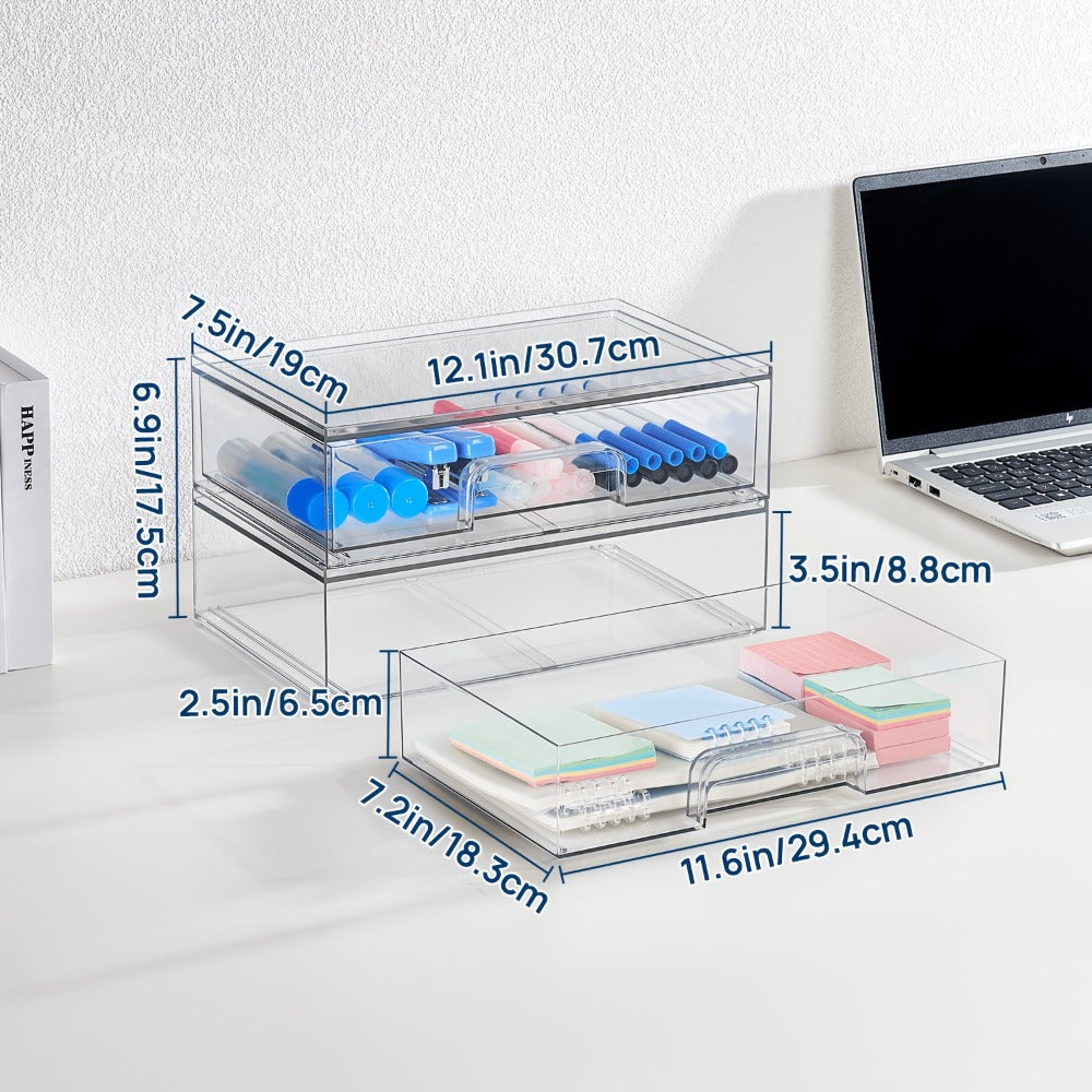 Clear Stackable Desk Drawer Organizer Trays in 2- or 4-Pack Wide Configurations, Approx. 30.7 x 19 x 8.8 cm