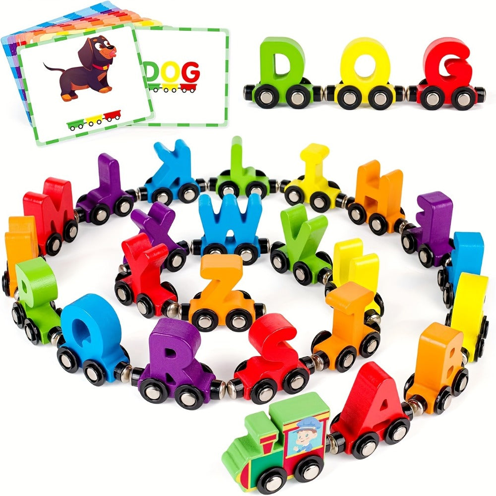 Magnetic Wooden Alphabet Train Set 27PCS ABC Letter Learning Toy with 42 Double-Sided Flash Cards